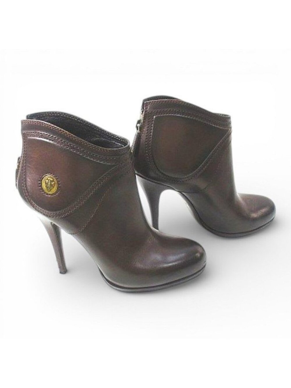 Gucci Short Boots Round Toe High Heel Gold Medal 38 C Brown Leather - Picture 5 of 9